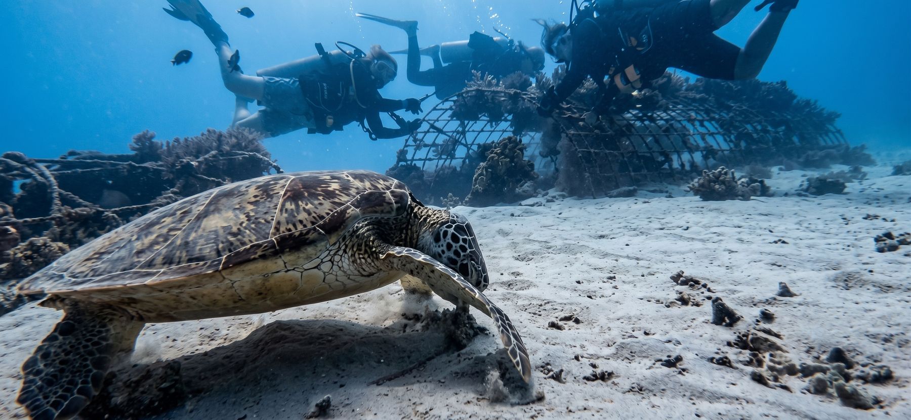 Tortue de mer près d'une structure de restauration corallienne, plongeurs à Gili Trawangan